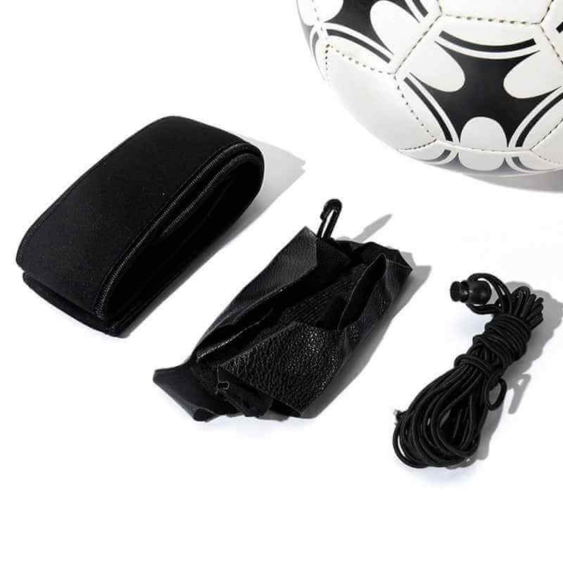 Soccer Training Assistant equipment including strap, resistance band, and cord with a soccer ball