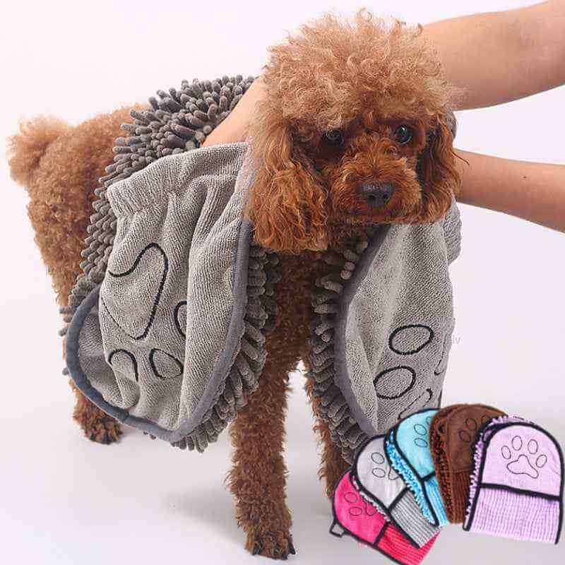 Petra store Super Absorbent Pets Bathrobe on small brown dog drying after bath with paw print design