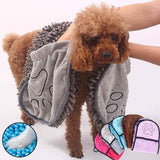 Super Absorbent Pets Bathrobe in gray on curly brown dog drying fur after bath from Petra store