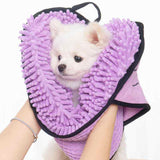 Small white dog wrapped in Petra store Super Absorbent Pets Bathrobe in soft purple fabric