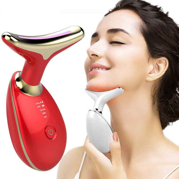 Petra store Thermal Neck Lifting And Massager in red and gold with woman using it on her chin