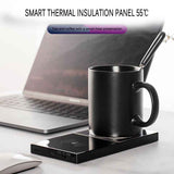 Petra store USB mug warmer with phone charging black mug on sleek warming pad beside laptop for desk use