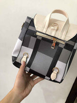 Petra store mini checkered backpack with beige top handle and gold zipper hardware stylish bag for women
