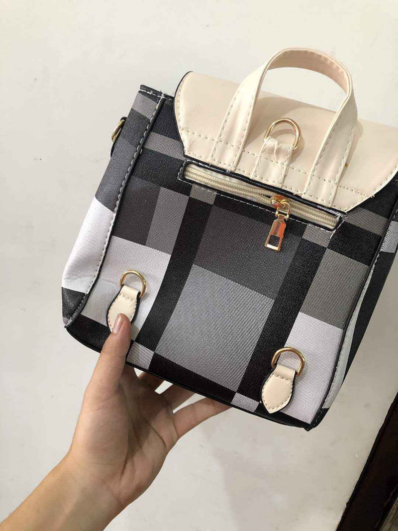 Petra store mini checkered backpack with beige top handle and gold zipper hardware stylish bag for women