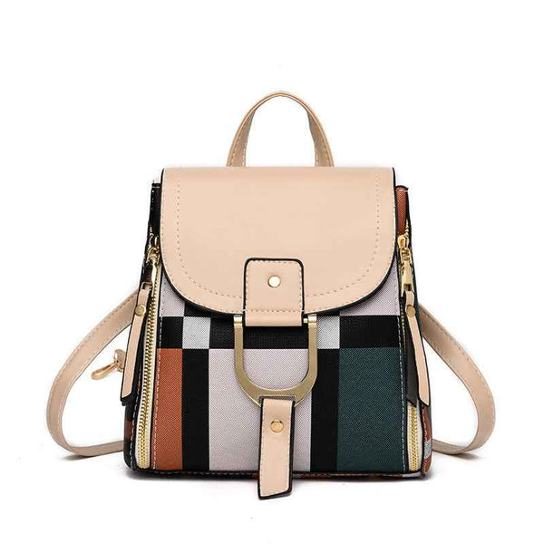 Petra store beige flap backpack with geometric colorblock panels stylish bag for women compact everyday accessory