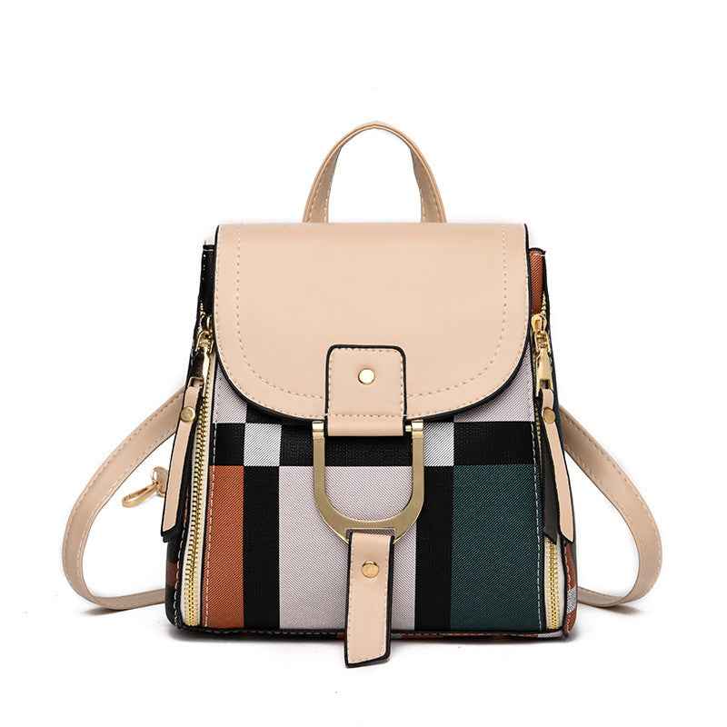 Petra store beige flap backpack with geometric colorblock panels stylish bag for women compact everyday accessory
