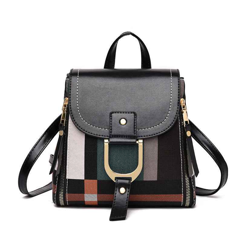 Petra store black leather flap backpack with plaid panels gold hardware adjustable straps stylish bag for women