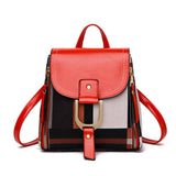 Petra store red leather flap backpack with plaid panels gold clasp and adjustable straps stylish bag for women everyday use