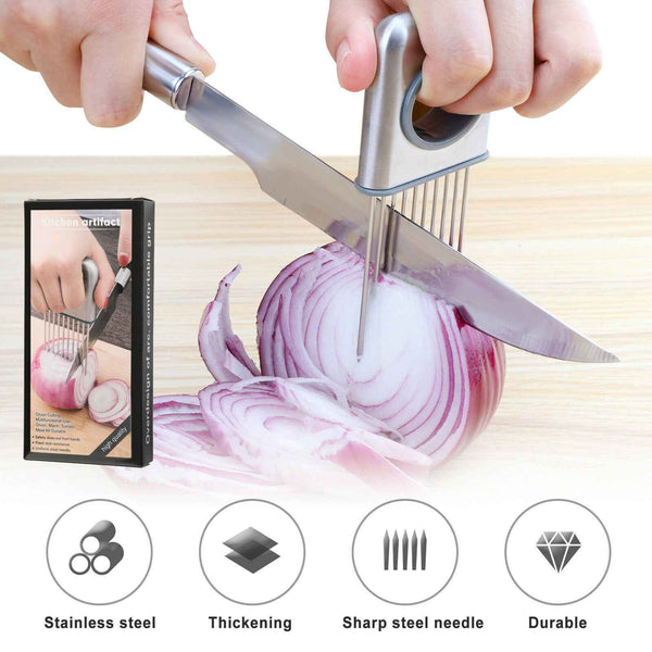 Petra store Vegetable Holder and Slicer with stainless steel sharp needles slicing a purple onion