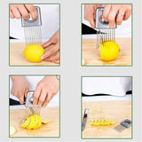 Petra store Vegetable Holder and Slicer cutting lemon into even slices on wooden board