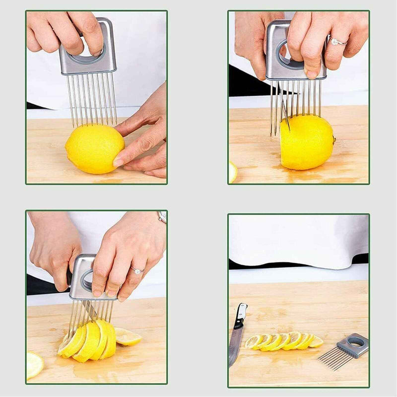 Petra store Vegetable Holder and Slicer cutting lemon into even slices on wooden board