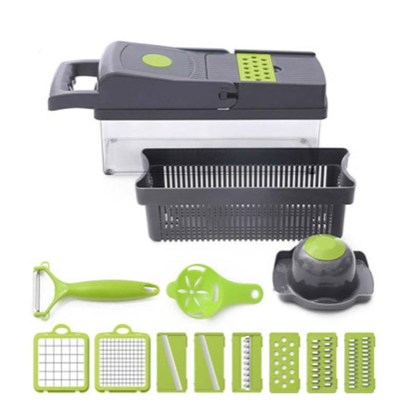 Petra store vegetable cutter set in gray and green with container multiple interchangeable blades grater and peeler