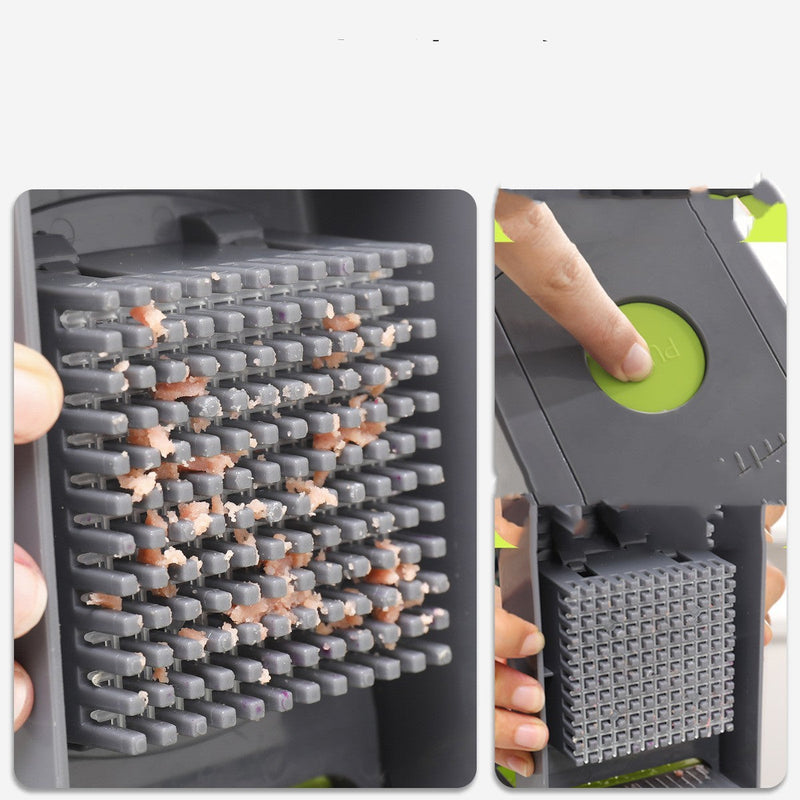Petra store vegetable cutter with gray grid blades and green push button for uniform cubed chopping