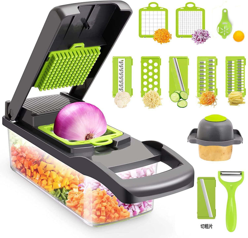 Petra store vegetable cutter set with clear container onion being diced multiple blades and peeler