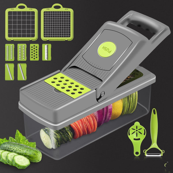 Petra store vegetable cutter with adjustable blades and container for slicing dicing and grating vegetables