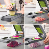Petra store vegetable cutter with green interchangeable dicing and slicing blades and clear collection container