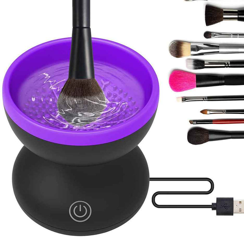 Petra store Makeup Brush Cleaning Machine with purple bowl and USB cord for easy brush cleaning