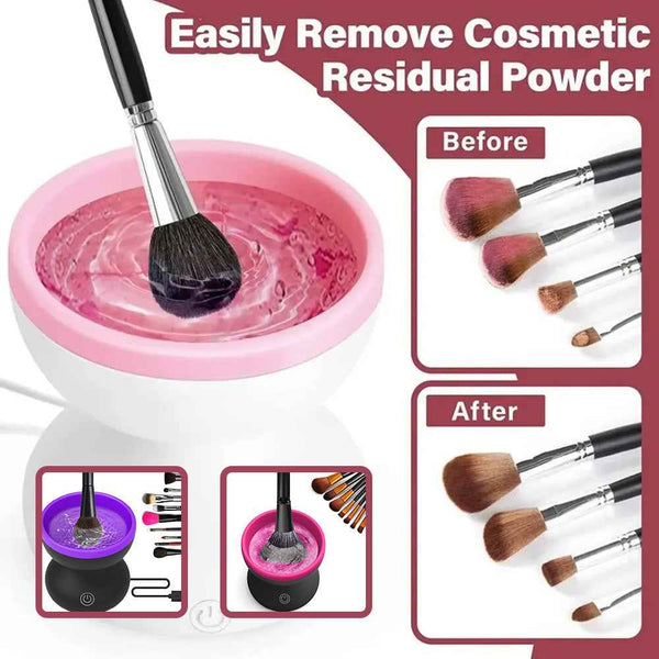 Makeup Brush Cleaning Machine by Petra store showing brushes being cleaned with before and after views of makeup residue removal