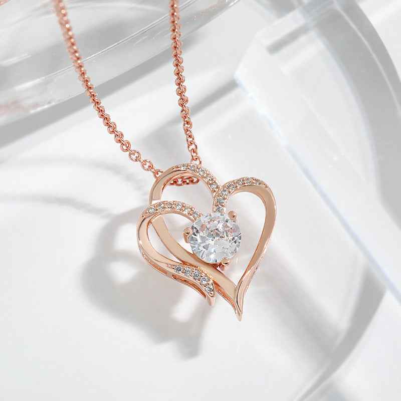 Petra store Zircon Double Love Necklace with rose gold heart pendant and sparkling zircon stones
