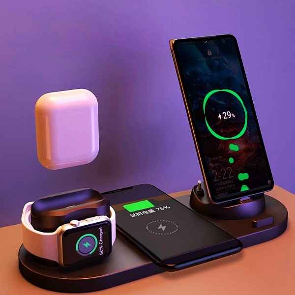 Petra store wireless charger for smartphones charging multiple devices including smartwatch, phone, and earbuds simultaneously
