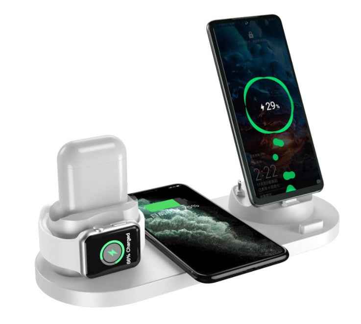 Wireless Charger For Smartphones from Petra store charging smartphone smartwatch and earbuds on a sleek white stand