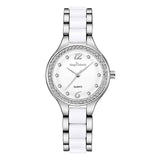 Women's Luxury Quartz Watch with silver and white band and crystal-studded bezel