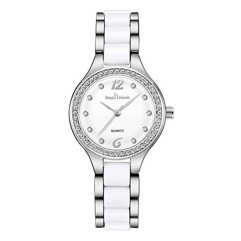 Women's Luxury Quartz Watch with silver and white band and crystal-studded bezel