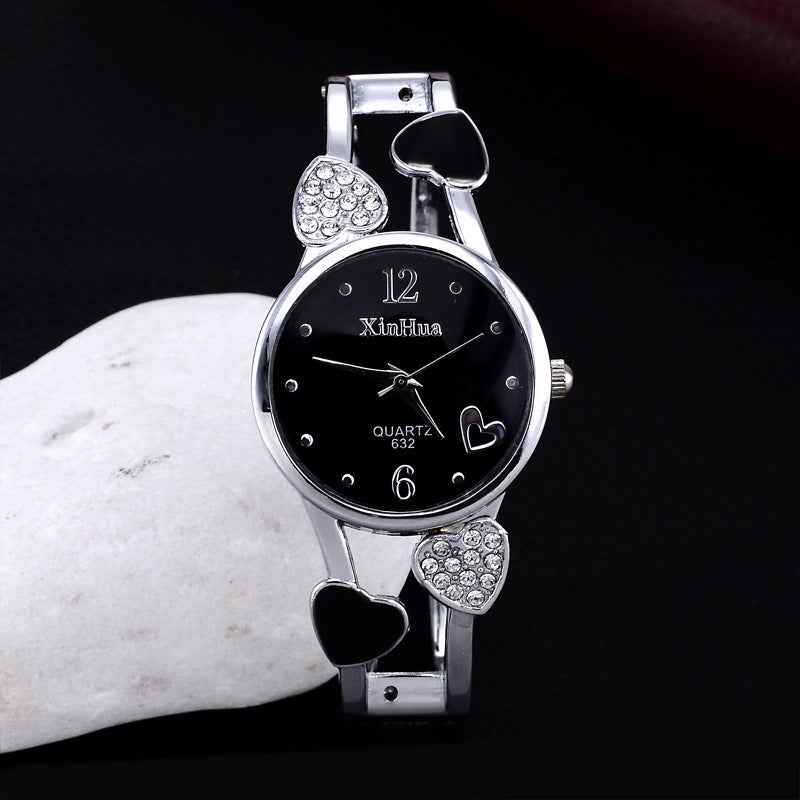Petra store silver bracelet watch Set for Women with black dial heart crystal accents quartz movement