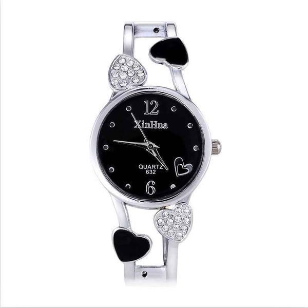 Petra store silver heart bangle watch Set for Women with black dial and rhinestone accents