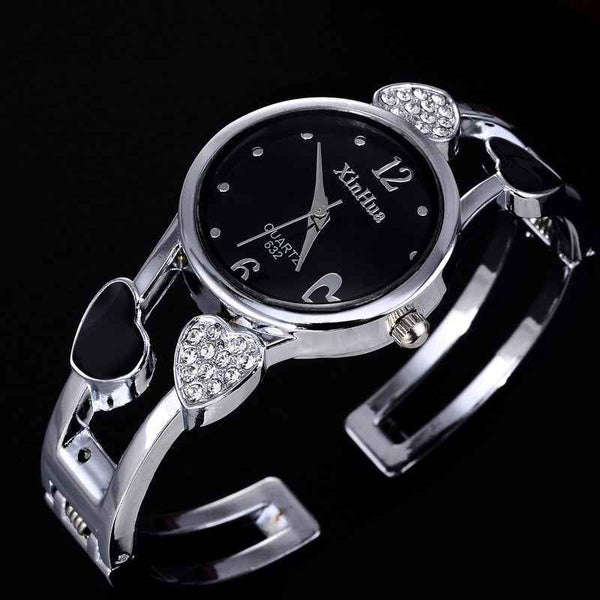 Petra store silver bracelet watch with black dial and rhinestone heart accents watch Set for Women