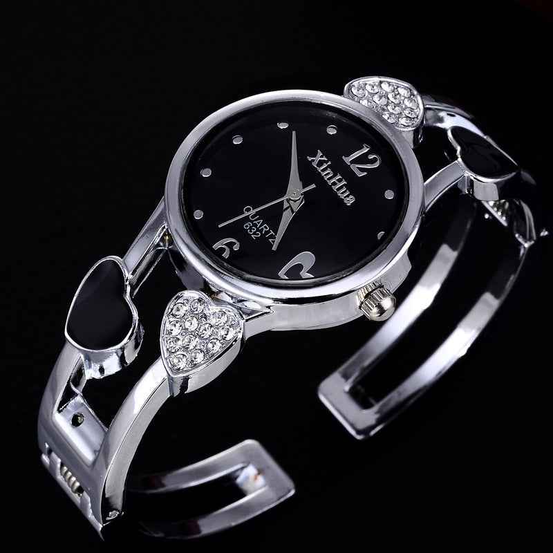 Petra store silver bracelet watch with black dial and rhinestone heart accents watch Set for Women