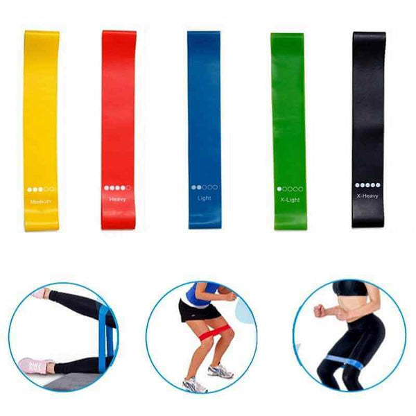 Petra store Yoga Resistance Rubber Bands in five colors with varying resistance levels for fitness and wellness exercises